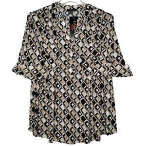 Cocomo Women's Plus Size 2X Black & Beige Multi Pintuck 3/4 Sleeve Blouse Top